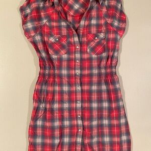 Red Plaid Sleeveless Shirt Dress